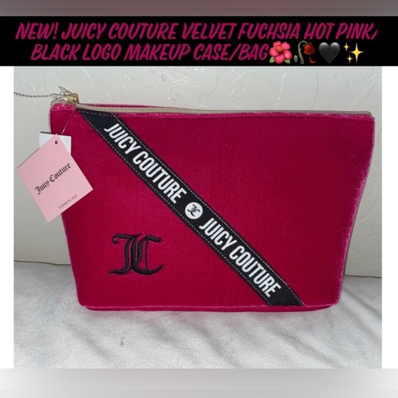 New! Juicy Couture Velvet Fuchsia Hot Pink/Black Logo Makeup Case/Bag🌺🥀🖤✨ - Picture 12 of 12